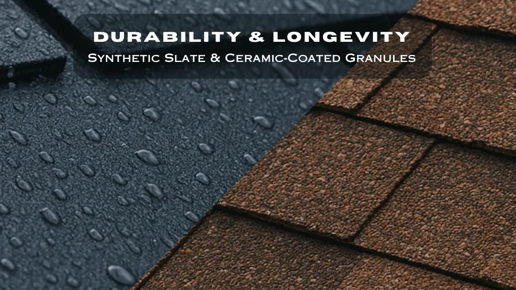 Durability & longevity<br> synthetic slate and ceramic‑coated granules Durability & longevity<br> synthetic slate and ceramic‑coated granules